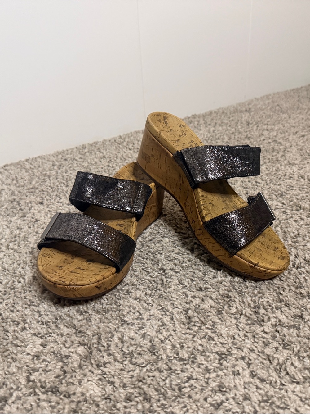 Vionic Black Shimmer Cork Wedge Sandals